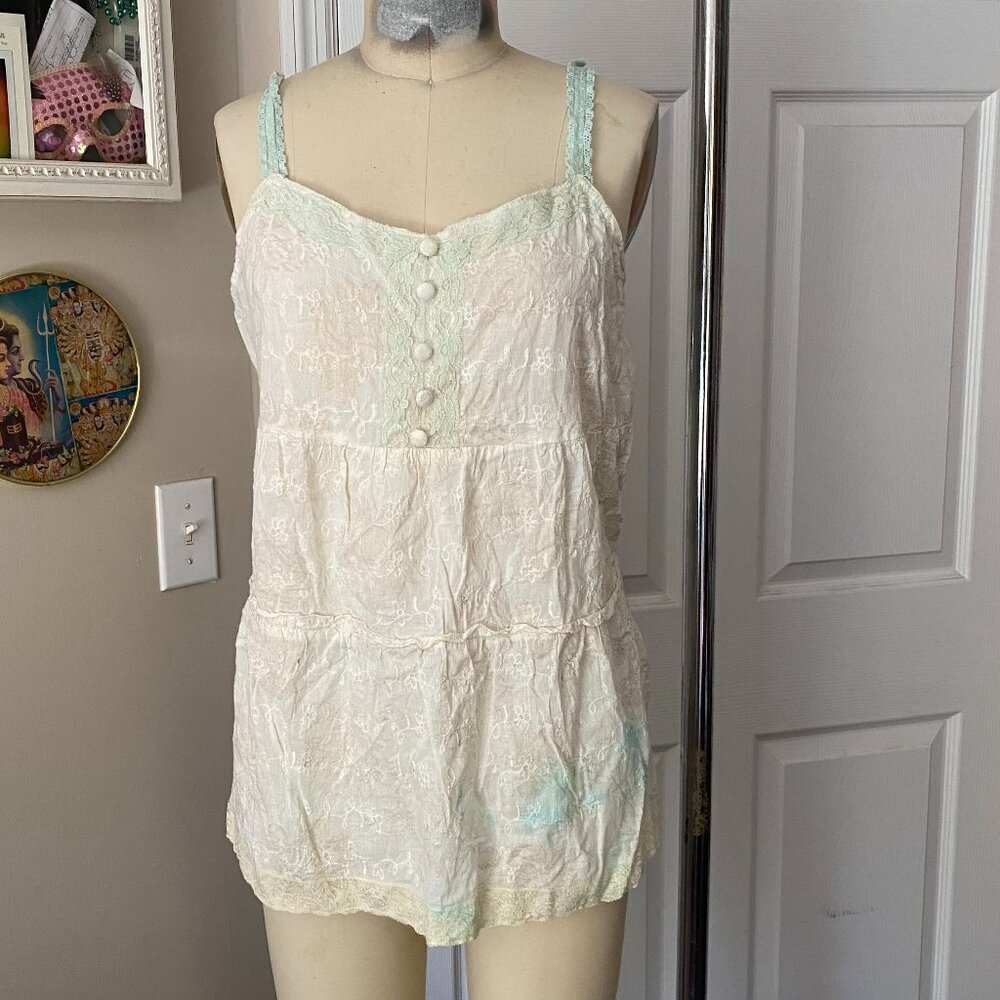 WILLI SMITH Green White Ombre Tie Dye Eyelet Crochet cotton Tank *MEDIUM*